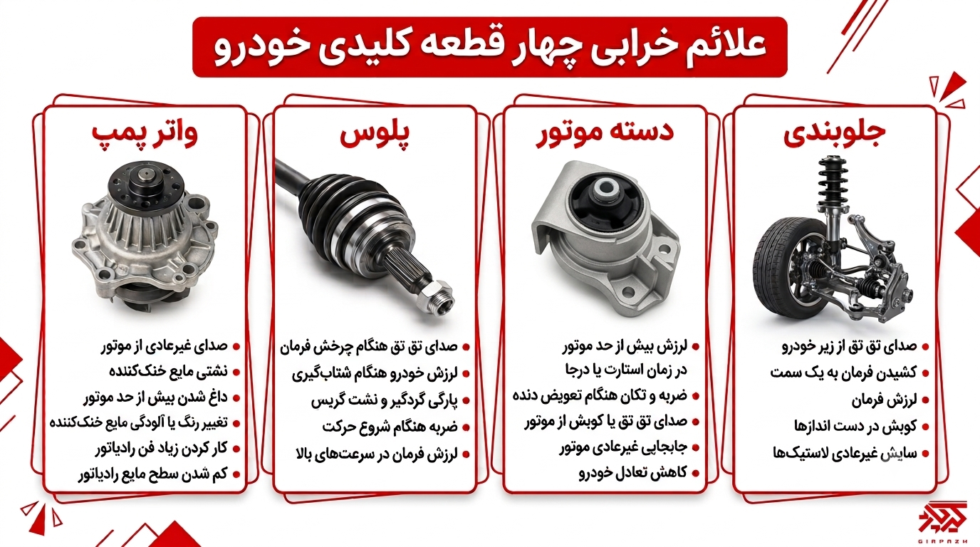 علائم خرابی چهار قطعه کلیدی :واترپمپ، دسته موتور، پلوس، جلوبندی